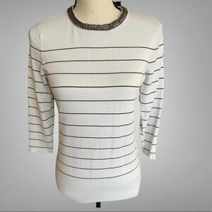 White House Black Market White/Black Women's Striped Top with 3/4 Sleeves Size S